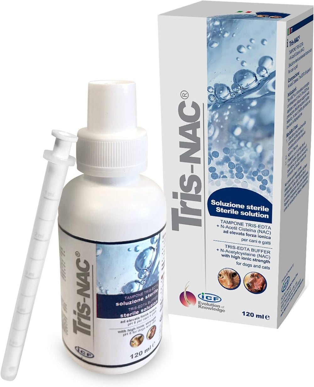 ICF Tris-NAC ear cleanser bottle pour for gentle, pet-friendly ear care routine.