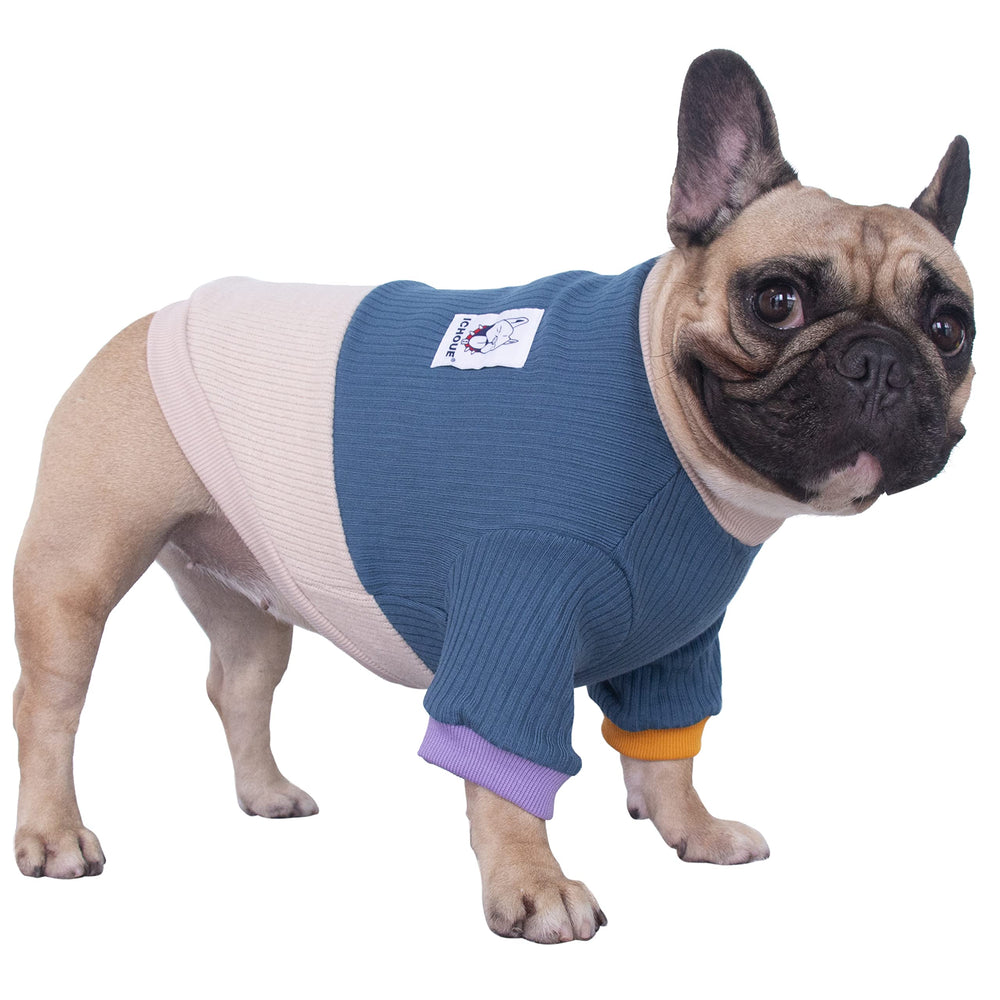 iChoue pet sweater color block lake blue front view demonstrates cozy warmth for chilly walks