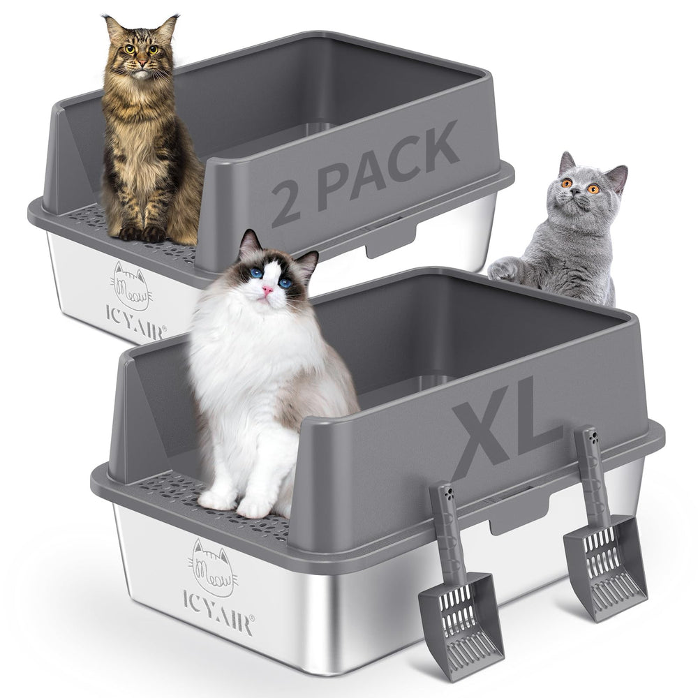 ICYAIR 2pack stainless steel litter box with high sides for big cats – roomy space
