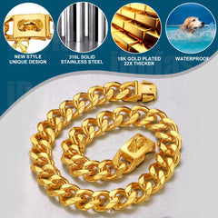 iDofas Gold Dog Chain Collar 18K gold plating closeup emphasizes luxury look and corrosion resistance.