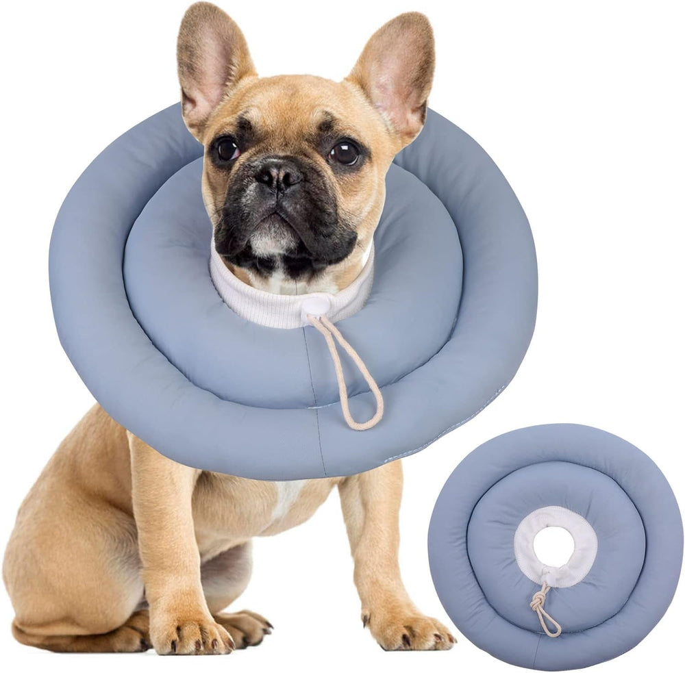 IDOMIK dog recovery collar blue side view provides soft protection for incision area.
