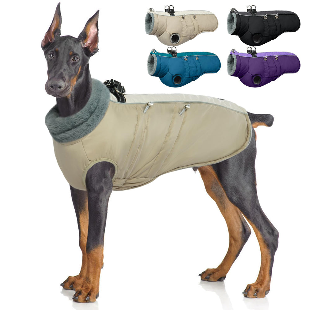 IDOMIK warm dog coat harness front view showing fleece lining for cold-weather comfort.