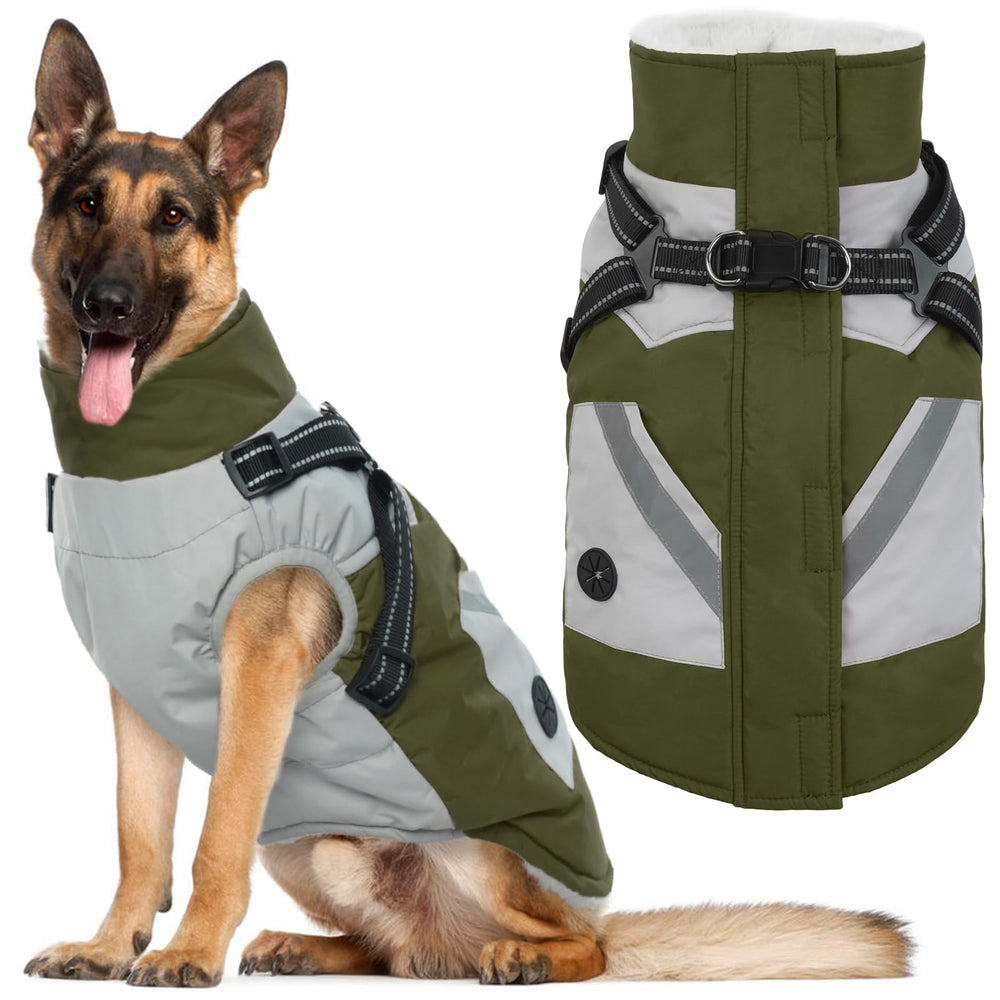 IECOii dog jacket XXXL green front view shows warmth and visibility