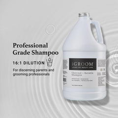 iGroom Charcoal Keratin Dog Shampoo detox image noting activated charcoal benefits for cleansing.
