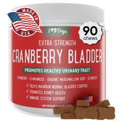 iHeartDogs extra-strength urinary bottle demonstrates dosage for bladder support.