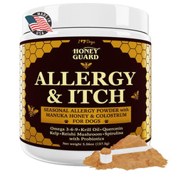 iHeartDogs Honey Guard bottle and scoop for dogs supporting skin health.