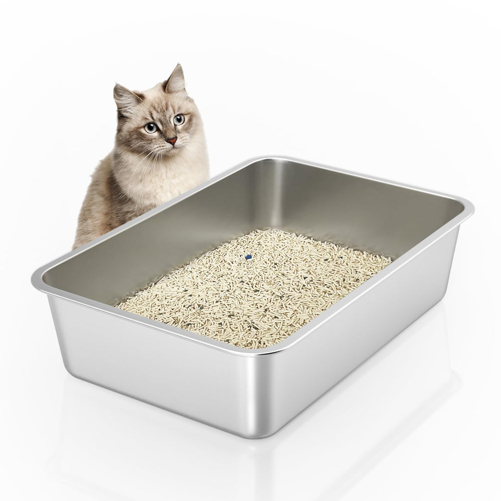 IKITCHEN stainless steel litter box with wide interior for easy cat movement and comfort.