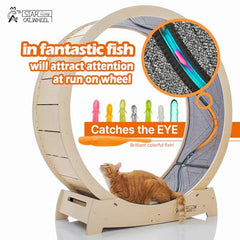 Star Cat Wheel, Cat Treadmill, Exercise Wheel for Running, Spinning, Scratching, and Climbing for Indoor Cats, Premium Birch Wood, Eco-Friendly, Moving Fish, Wide Running Track, 41.7 inch L Size