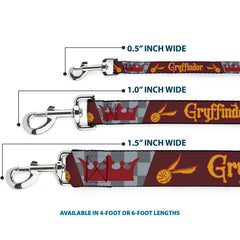 Warner Bros. Pet Leash, Dog Leash, Harry Potter Gryffindor Quiditch Ball Crown Red Golds Grays, 4 Feet Long 1.5 Inch Wide