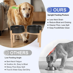 SPUNKYJUNKY Elevated Dog Bowls Ceramic, 8.3'' Dogs Food Water Bowls Raised with Non-Slip Bamboo Stand for Large Sized Breed Microwave Dishwasher Safe - 60 OZ,Black