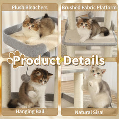 Jgchonwen Durable Cat Tree with Bed – 27.56in Multi-Level Sisal Cat Scratching Posts (Grey)