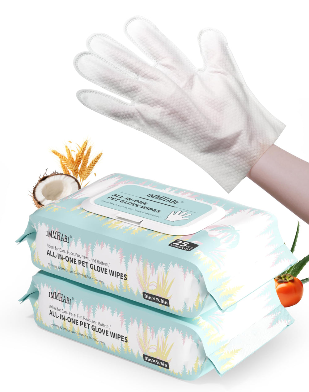 IMMHABI pet glove wipes package open for quick on-the-go cleaning after walks