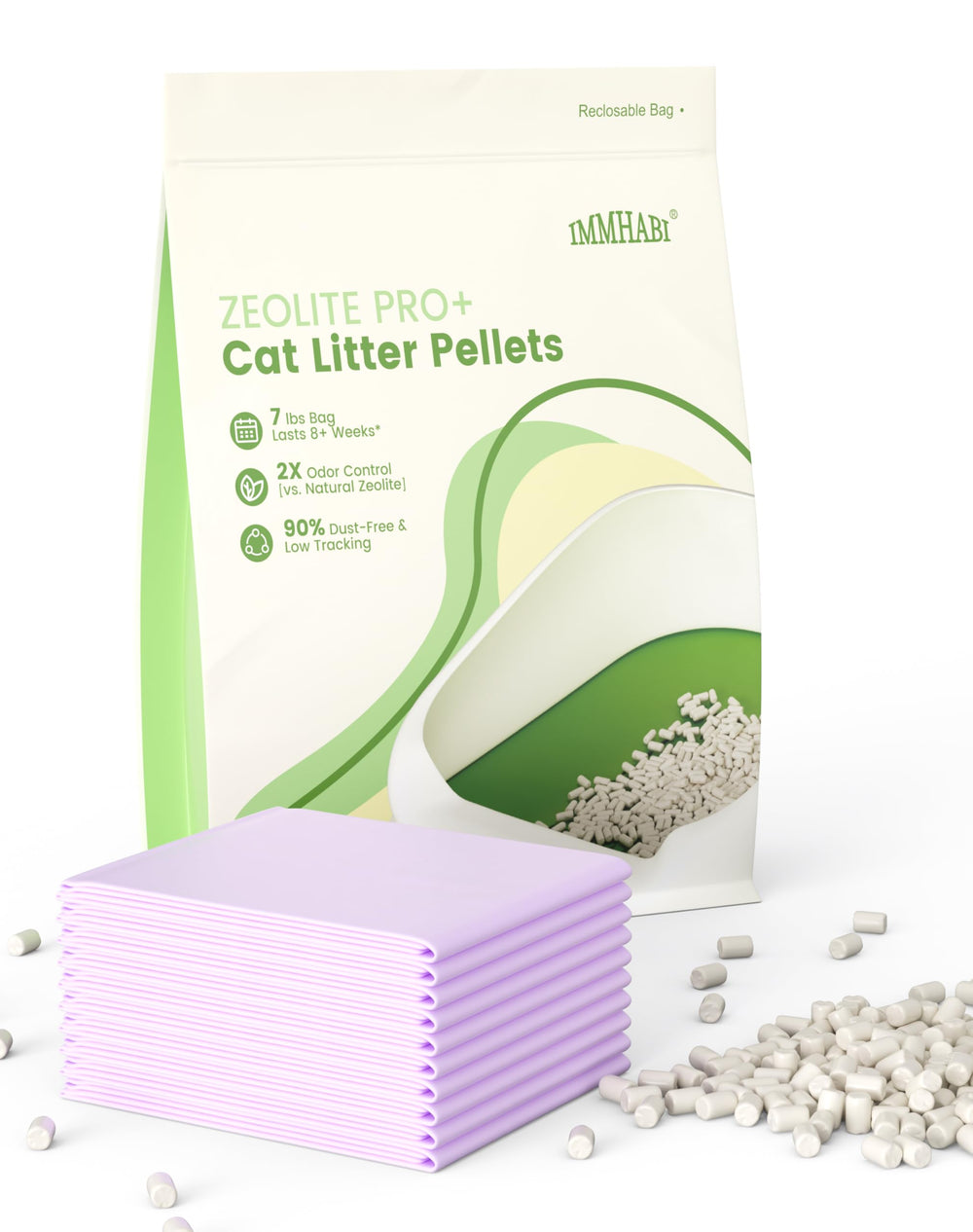 IMMHABI zeolite pellets 7lbs bag showing low-dust paw-friendly design for tracking reduction.