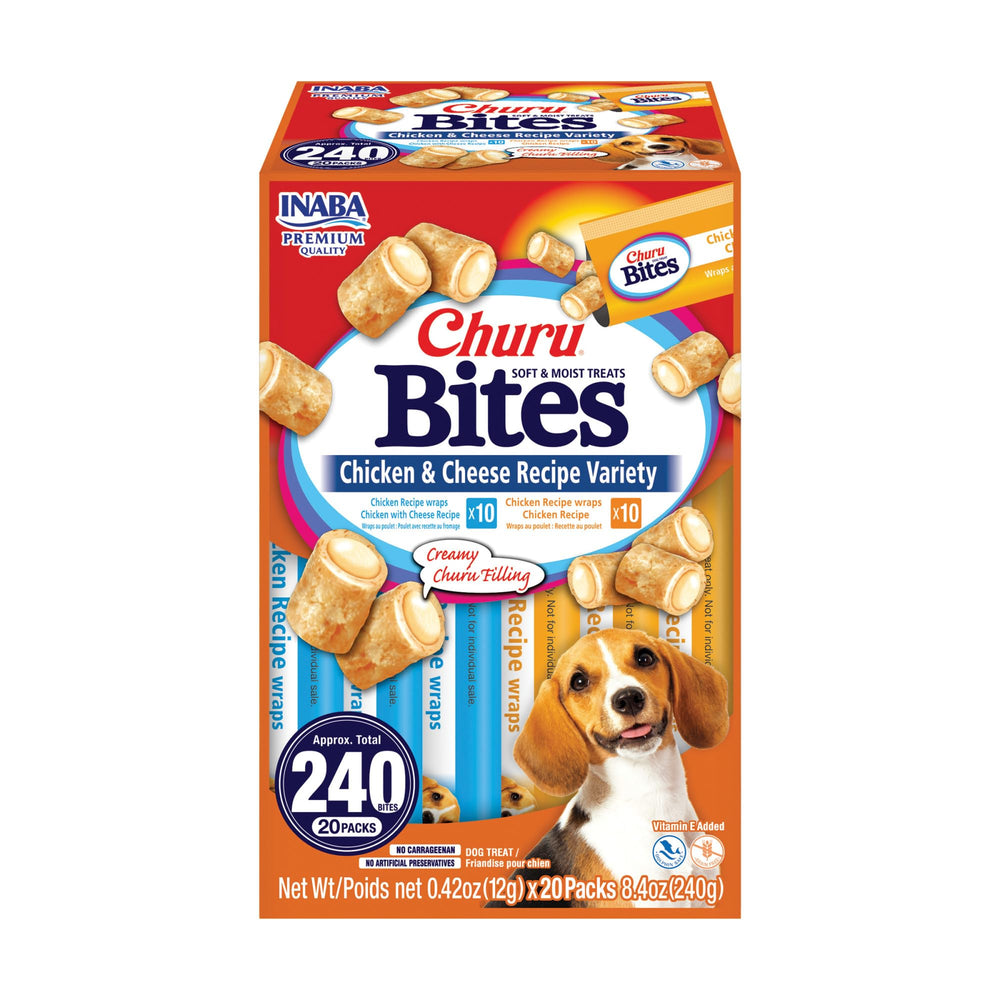 INABA Churu Bites packaging shows on-the-go tubes for dogs.