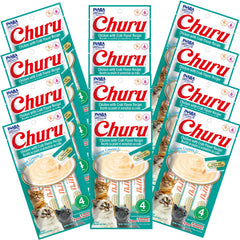 INABA Churu chicken-crab tubes hand-fed for a hydrating treat.