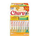 INABA Churu chicken variety box front view, convenient 20-tube snack assortment for cats.