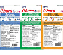 INABA Churu tuna-chicken variant packs show high moisture, low-calorie cat snack.