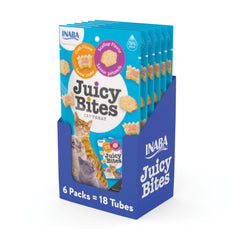 INABA Juicy Bites packs show grain-free, low-calorie cat treats for rewards.