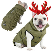 Inanil dog winter puffer jacket Olive back view highlighting reflective strips for nighttime safety.