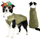 The inanil dog winter puffer olive coat with reflective strips boosts night visibility for safer walks