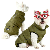 Inanil dog winter puffer olive front view shows snug fit for chilly walks
