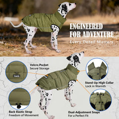 inanil dog winter puffer olive side detail snaps prevent fur snag and easy on/off