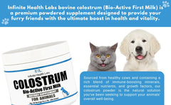 Infinite Health Labs Bio-Active Colostrum powder stirred into cat food for easier feeding