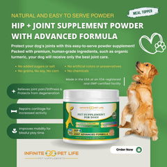 Infinite Pet Life hip & joint powder sprinkled on dogs meals for mobility support.