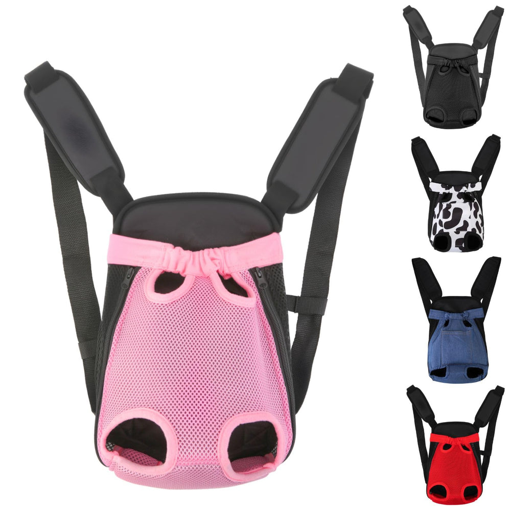 Inspack dog backpack carrier front view shows secure fit for small pets during travel.