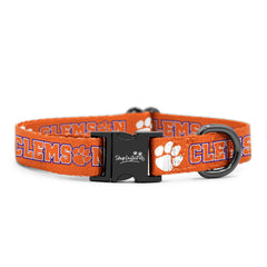 InstaPetTags Clemson Tigers collar closeup shows durable gunmetal buckle and vibrant logo for long-lasting wear.