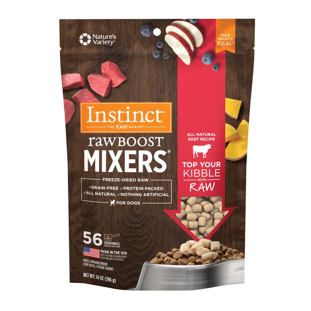 Instinct Raw Boost Mixers beef bag-front highlights a grain-free topper for meals