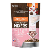 Instinct Raw Boost Mixers skin-coat health bag front highlights grain-free topper to support healthy coat.