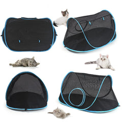 INTURN Cat Furniture Tent outdoor setup demonstrates sheltered kennel for curious felines.