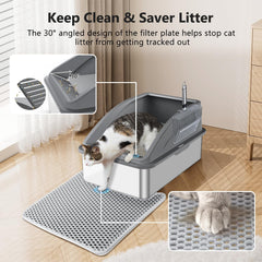 INVENHO stainless steel litter box lid-angle view demonstrates containment during digging