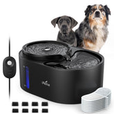 iPettie Waterfall Dog Water Fountain front view with dual-height drinking options for pets.