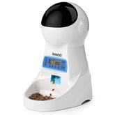 Iseebiz feeder front view shows compact timed-meal design.