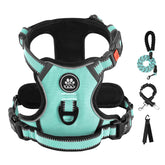 IVY&LANE No Pull Dog Harness turquoise front view with secure fit and reflective trim.