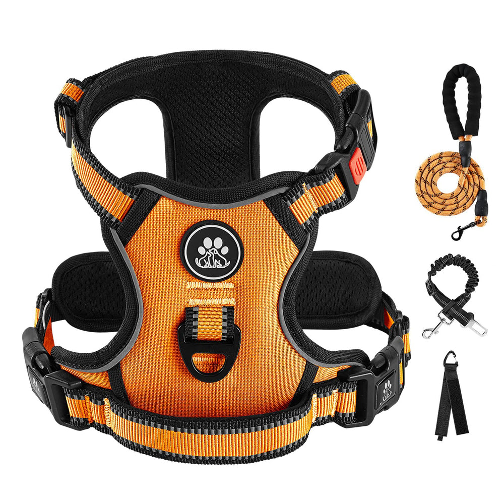 IVY&LANE No Pull Harness orange front view enhances safety during night walks.