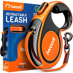 IWOOFI retractable leash orange side view showing 360° swivel for smooth control