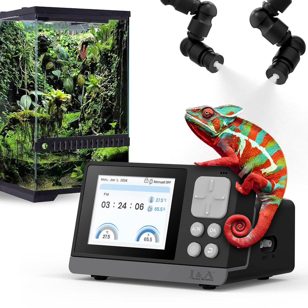 J&A Smart Reptile Mister LED screen shows live status and conditions at a glance.