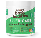 Jack&Pup Bark Buddies Aller-Care bottle shows convenient allergy relief for dogs.