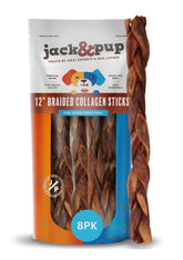 Jack&Pup 12-inch braided collagen sticks packaging highlights durability.