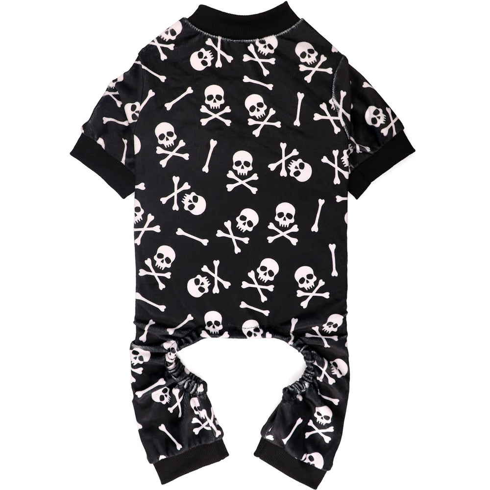 Jamktepat dog pajamas with skulls crossbones pattern for festive style and cozy warmth.