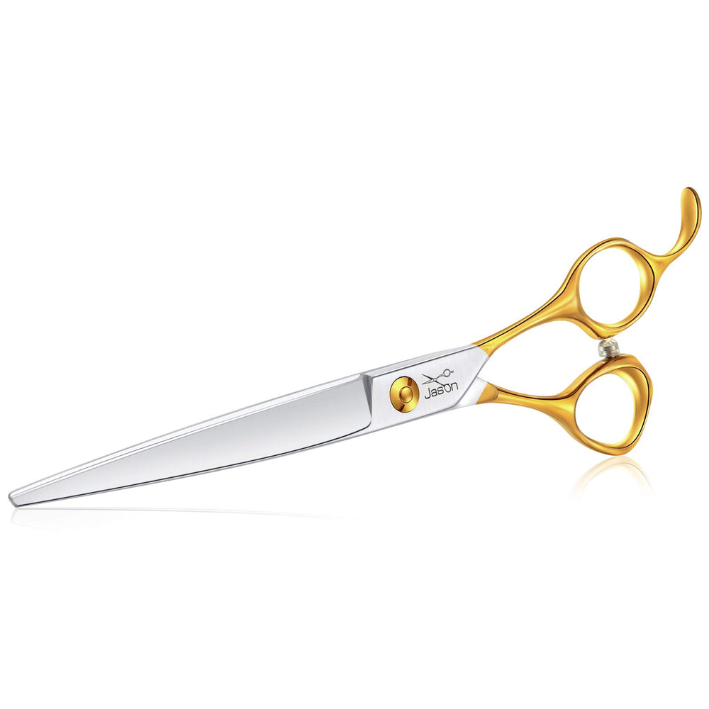 JASON 7.5-inch dog grooming scissors close-up with gold blades for precise trims