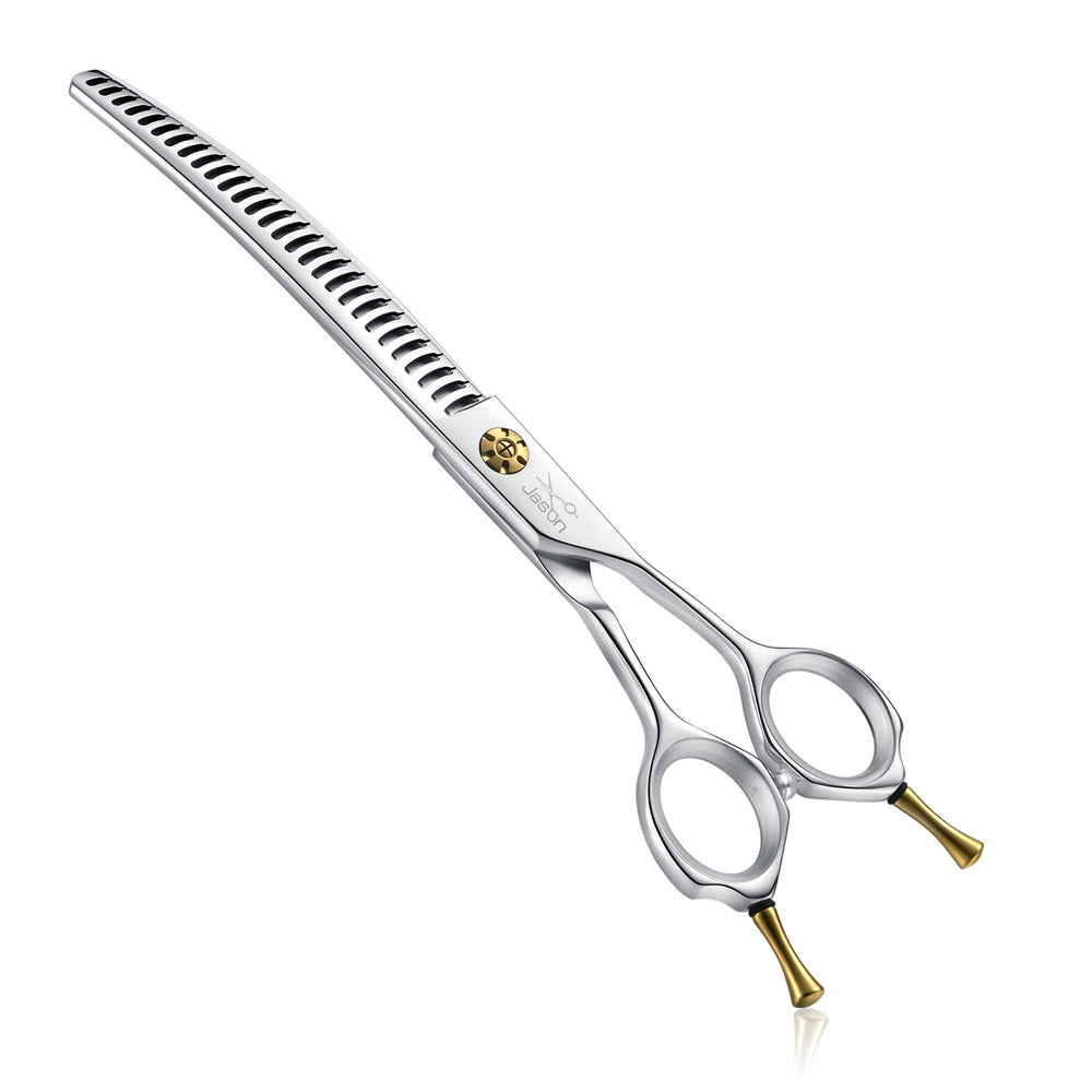 JASON 7-Inch dog grooming shears handle close-up shows ergonomic comfort for long sessions.
