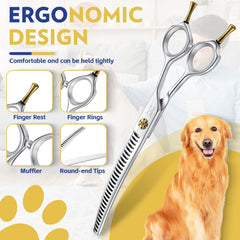 JASON 7-Inch dog grooming shears 28 teeth demonstrate even bulk removal.