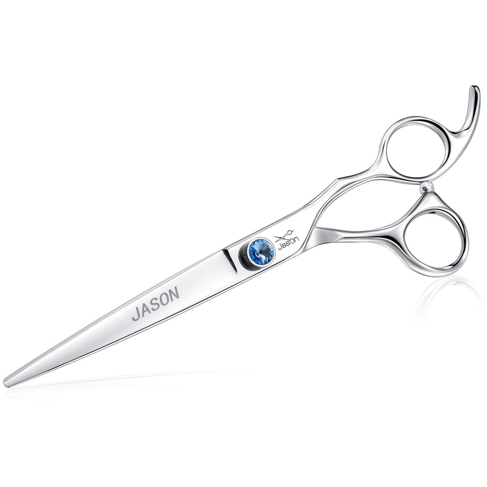 JASON 7-inch straight dog grooming scissors blades close-up for precise trimming