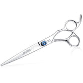 JASON 7-inch straight dog grooming scissors blades close-up for precise trimming