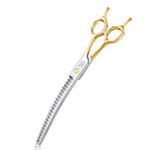 Jason 8-inch curved chunker scissors blade closeup for sharp, smooth pet trimming.