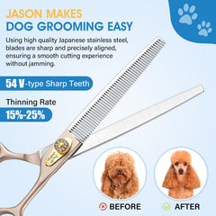 JASON dog grooming scissors ergonomic handles reduce fatigue during grooming.